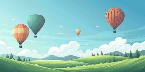 Obraz premium Cartoon Hot Air Balloons Over Green Hills And Clouds