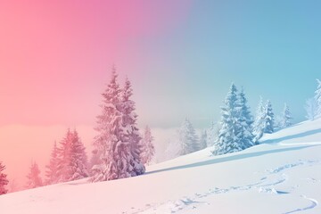 Fototapeta premium Snowy Trees on a Mountain with Pink and Blue Sky