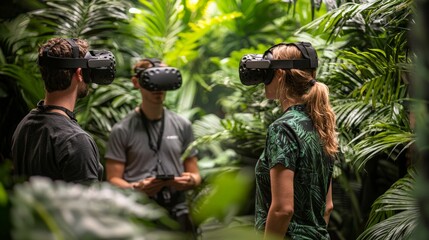 Inventors testing new technology in a virtual reality jungle