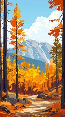 Autumn Forest Path with Mountain View