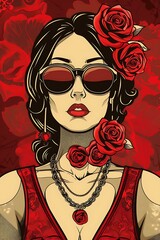 Woman in Red Dress with Roses