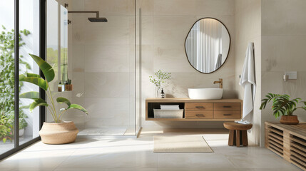 Spacious and bright bathroom with walk in shower, featuring modern fixtures and natural light. design includes plants, wooden accents, and serene atmosphere
