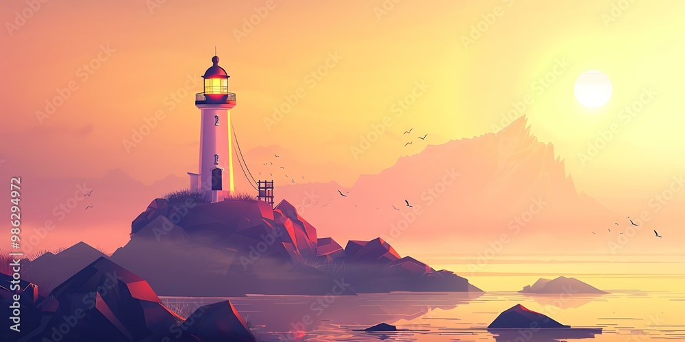 Sticker lighthouse on a rocky coast at sunset