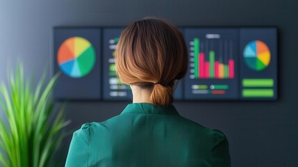 Businesswoman presenting project budget performance on digital dashboard, budget analysis, performance review