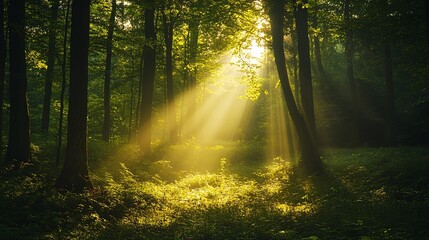 Fototapeta premium Sunlight Streaming Through a Dense Forest