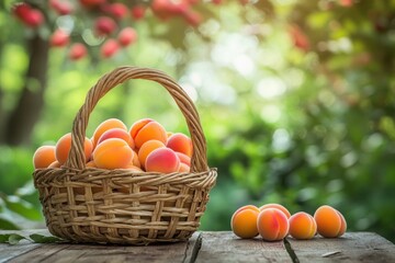 basket filled with freshly picked apricots, resting on a rustic wooden table