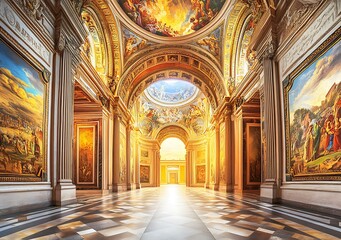 Obraz premium Golden Hallway with Paintings and Ornate Ceiling