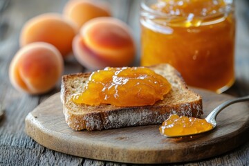 Apricot jam on toast with fresh apricots in background