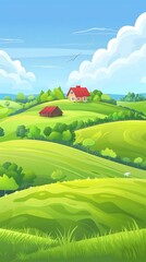 Obraz premium Green Hills and Houses with Blue Sky Illustration