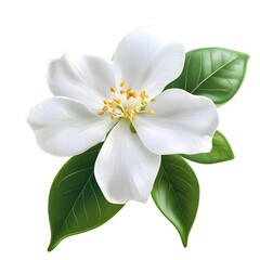 Obraz premium white jasmine flower with green leaves isolated on transparent background Generative Ai.