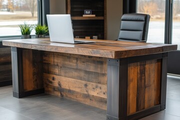 Rustic wooden executive desk with laptop in modern office