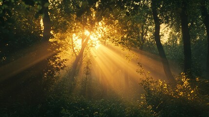 Obraz premium Golden Sunlight Streaming Through a Dense Forest Canopy