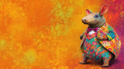 An armadillo in a colorful, quirky suit, rolling playfully on a lively background with space for birthday party invitations and fun details.