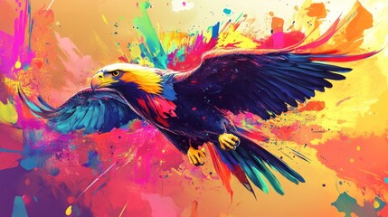 An eagle dressed in a bold, neon-themed outfit, flying majestically on a bright background, perfect for a high-energy birthday party banner.
