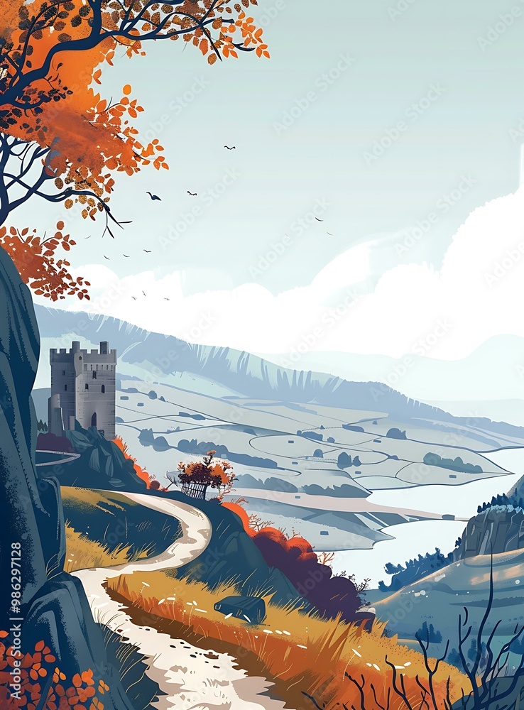 Poster autumn landscape with stone tower and winding road