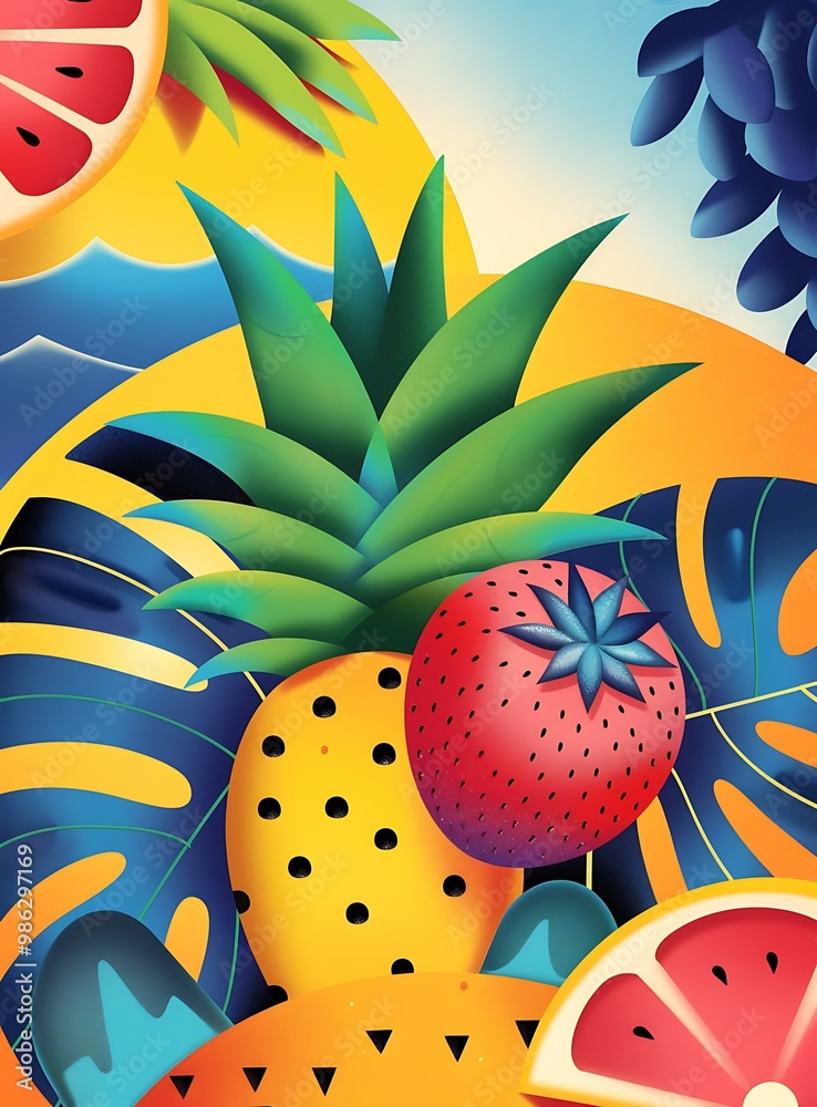 Wall mural summer fruit illustration with pineapple, strawberry, and grapefruit