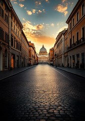 Fototapeta premium Cobblestone Street Leading to Basilica in Rome, Italy