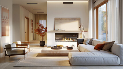 A comfortable and inviting living room featuring modern fireplace, stylish furniture, and warm lighting creates serene atmosphere. design emphasizes simplicity and elegance