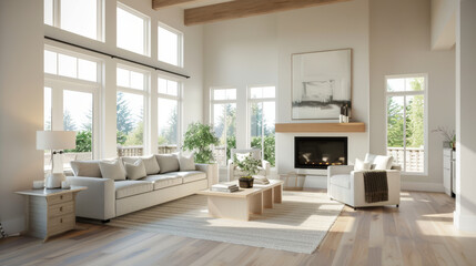 A comfortable and inviting living room with modern design featuring large windows, cozy sofa, and stylish coffee table. natural light enhances warm atmosphere, perfect for relaxation