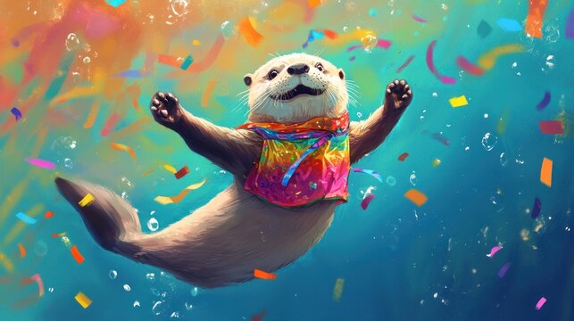 An otter in a vibrant, playful outfit, swimming joyfully on a colorful backdrop with room for birthday event text and fun announcements.