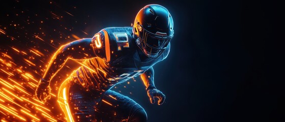 Fototapeta premium Dynamic American Football Player in Action with Fiery Motion Effects on Dark Background