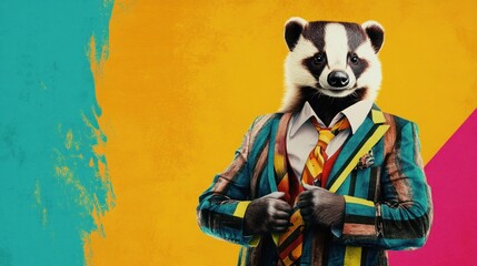 A badger in a funky, bold suit, standing confidently on a colorful backdrop with space for birthday event announcements and details.