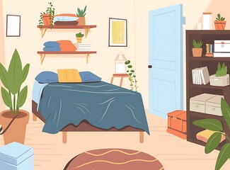 Modern Minimalist Bedroom Interior Design with Bed and Shelving