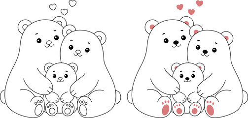 Polar bear family cartoon coloring page. Christmas and Winter Illustration