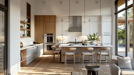 A modern open kitchen featuring sleek cabinets, large island, and stylish bar stools creates warm and inviting atmosphere. design emphasizes functionality and elegance, perfect for cooking and enterta