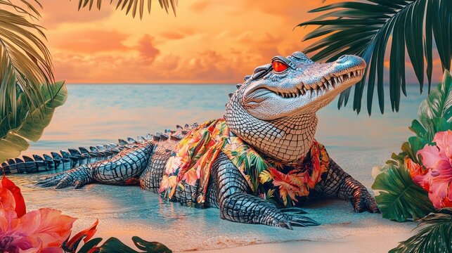 A crocodile in a funky, tropical-themed outfit, lounging by the water on a vivid backdrop with plenty of space for party details and invitations.