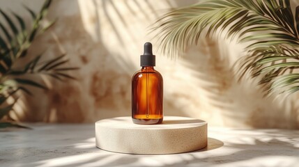 Obraz premium 3D Rendering of an Amber Glass Serum Bottle on a Beige Podium in Sunlight with Palm Leaf Shadows, Perfect for Beauty and Spa Concept
