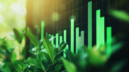 Green plants in front of a digital stock market display showcasing upward trends in data