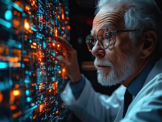 Elderly Scientist Interacting with Digital Data Display