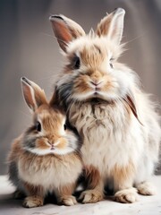 Fototapeta premium Extremely fluffy and cute rabbits with long floppy ears. Generated by AI.