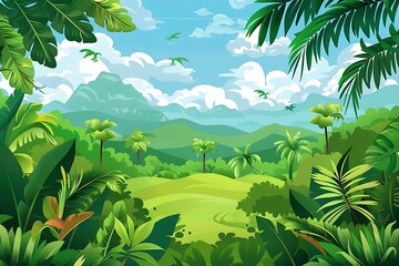 Tropical Rainforest Landscape With Mountains And Lush Greenery