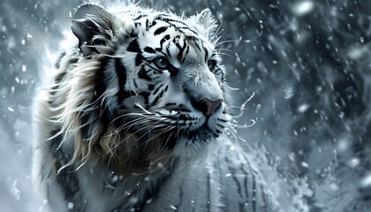 A majestic white tiger with piercing yellow eyes stands in a snowy forest. Snowflakes fall around it, and its fur is slightly ruffled by the wind.