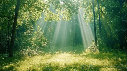 Fototapeta premium Sunbeams Filtering Through Trees in a Lush Green Forest