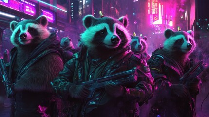 Fototapeta premium A group of badgers in creative, futuristic Atheopean-inspired outfits, celebrating under glowing lights on a vibrant backdrop with room for birthday details.