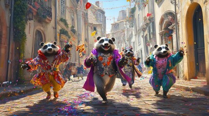 Fototapeta premium A group of badgers in eccentric, European-inspired outfits, prancing through a bright, cobblestone street with confetti and space for birthday details.