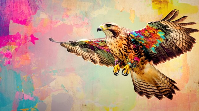 A hawk in a funky, colorful suit, gliding over a lively backdrop with space for birthday party details and invitations.