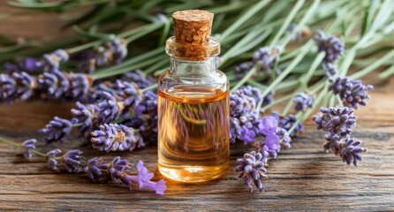 Lavender essential oil bottle surrounded by fresh lavender flowers on a wooden surface