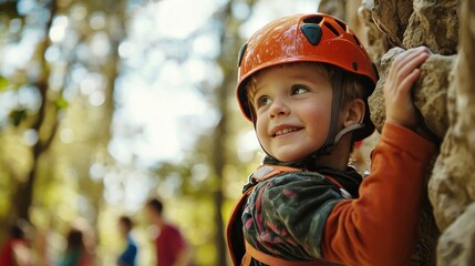 An Asian boy wearing a climbing helmet and safety equipment is on a rock wall in an outdoor playground, with other people blurred in the background. The image has a banner on the left side with space