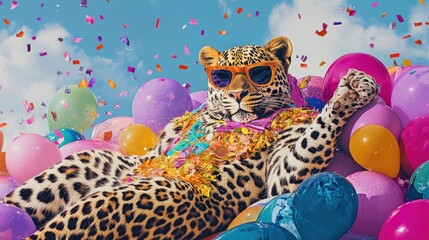 Fototapeta premium A leopard is wearing sunglasses and a suit and laying on a pillow
