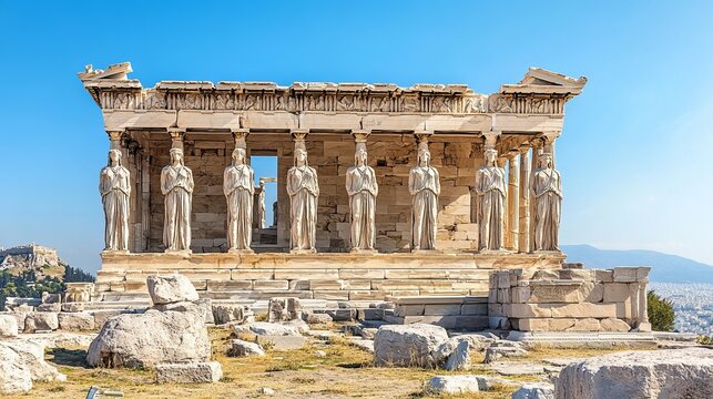 Cariatides Porch, Erechtheion on Acropolis of Athens against blue sky. Athens, Greece. Stock photo