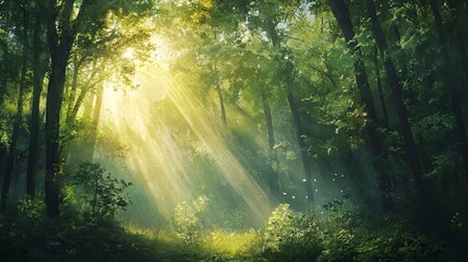 Obraz premium Sunlight Filtering Through a Dense Forest Canopy