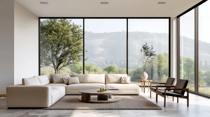 A minimalist living area featuring large windows that offer stunning view of nature. cozy fur rug complements modern furniture, creating serene and inviting atmosphere