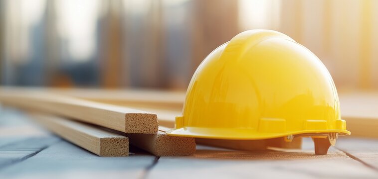 Close-up of a yellow hard hat resting on wooden planks, symbolizing safety and construction in a bright, professional environment.