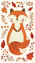 Fototapeta premium Cute Fox Illustration with Fall Leaves and Berries