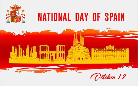 October 12, national day spain, vector template with spanish flag color theme background. Hispanidad holiday october 12th. Happy Spain National day greeting card. With typography red yellow color them