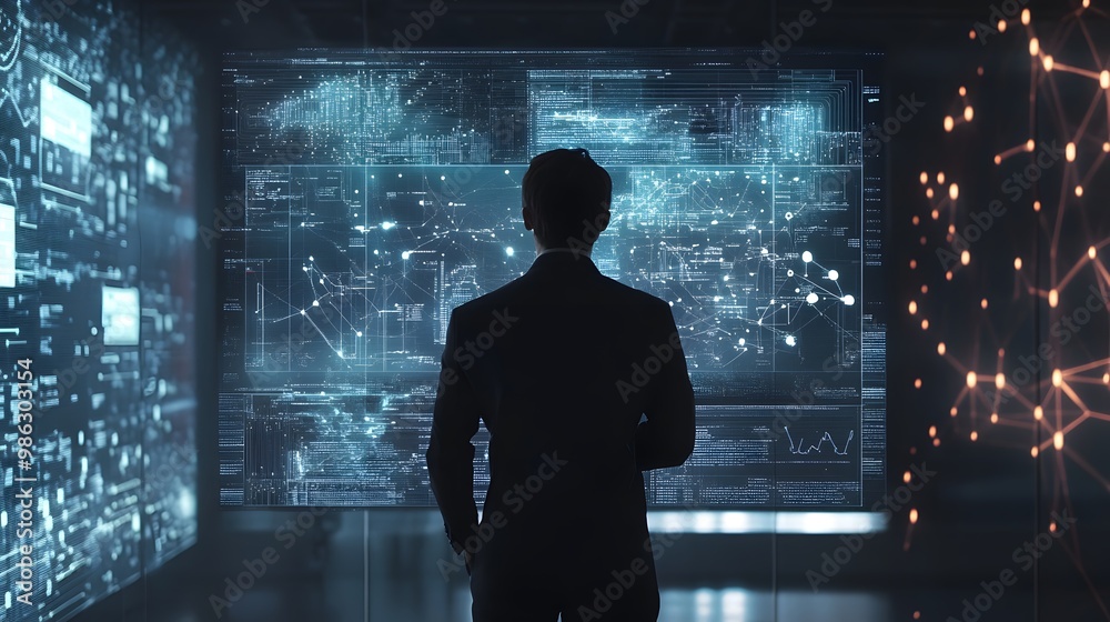 Poster a silhouetted figure observing a large digital display with data and network visualization